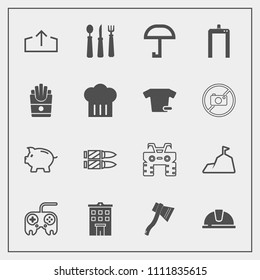 Modern, simple vector icon set with kitchen, fork, investment, gun, rain, quad, spoon, real, dirt, atv, tool, bank, technology, work, coin, web, military, business, xray, weapon, estate, house icons