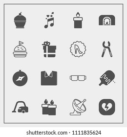 Modern, simple vector icon set with bread, broken, love, heart, communication, sandwich, fireplace, musical, glasses, domestic, sun, antenna, flame, satellite, technology, fashion, cake, dish icons