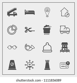 Modern, simple vector icon set with communication, currency, transport, trumpet, bed, cap, hotel, increase, jazz, boat, technology, eye, cash, property, game, map, piece, musical, background icons