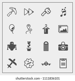 Modern, simple vector icon set with cyborg, screwdriver, futuristic, travel, music, sale, green, picking, discount, grater, plane, rewind, equipment, box, musical, shipping, axe, aircraft, room icons