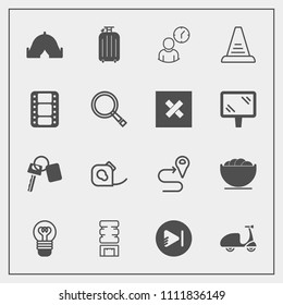 Modern, simple vector icon set with container, electrical, bicycle, lamp, drink, ride, bowl, insulating, tape, outdoor, lightbulb, bulb, bike, travel, luggage, adventure, map, play, sport, white icons