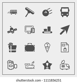 Modern, simple vector icon set with cream, speed, market, gift, transportation, award, roller, van, bus, bowling, antenna, camera, satellite, object, supermarket, winner, railway, sport, first icons