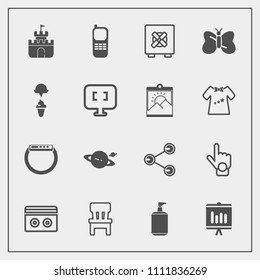 Modern, simple vector icon set with tape, liquid, communication, white, stereo, finger, social, background, astronomy, time, chair, sand, bank, music, safe, gadget, soap, comfortable, gesture icons