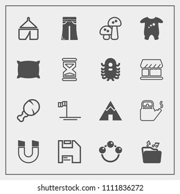 Modern, simple vector icon set with child, kid, computer, rattle, pillow, baja, pants, ocean, food, meal, magnetic, snack, woman, beach, mexico, fast, chicken, elegant, white, clothing, camp icons