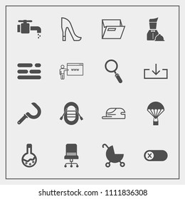 Modern, simple vector icon set with farming, comfortable, technology, water, parachuting, high, ship, shoe, travel, style, jump, sailboat, armchair, faucet, switch, harvesting, deactivate, cap icons