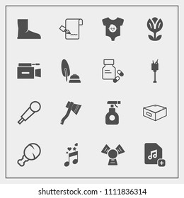 Modern, simple vector icon set with fast, musical, boot, mic, note, clothes, spray, pesticide, blossom, list, spring, camera, flower, baby, microphone, axe, chemical, add, tool, document, cold icons