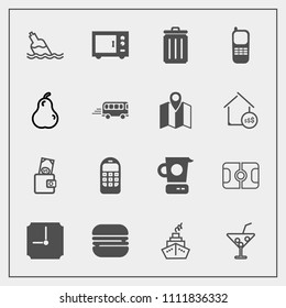 Modern, simple vector icon set with cheeseburger, food, telephone, oven, business, sport, water, snack, microwave, glass, money, purse, phone, cocktail, soccer, drink, kitchen, mobile, stadium,  icons