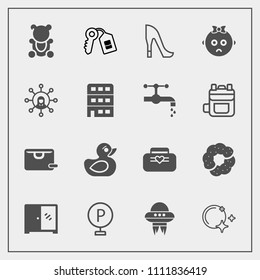 Modern, simple vector icon set with interior, bear, cabinet, furniture, ufo, road, door, house, spacecraft, female, style, star, vehicle, lot, doughnut, home, bag, teddy, urban, sale, child, key icons
