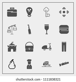 Modern, simple vector icon set with sport, vacation, lock, chief, location, music, ride, old, business, architecture, caravan, vintage, fruit, building, bag, journey, button, travel, bike, pants icons