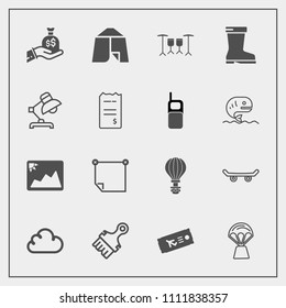 Modern, simple vector icon set with bag, hot, finance, balloon, paintbrush, parachuting, message, extreme, ticket, outdoor, plane, parachute, skate, fashion, footwear, stick, air, skater, cloud icons