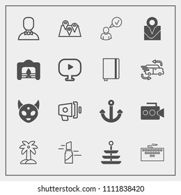 Modern, simple vector icon set with equipment, travel, palm, ufo, internet, makeup, space, megaphone, lipstick, fashion, work, keyboard, dinner, loudspeaker, road, profile, red, food, summer icons