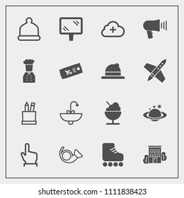 Modern, simple vector icon set with space, button, food, sport, education, road, business, stationery, estate, cap, equipment, head, water, bugle, box, real, sign, cloud, musical, hat, earth icons