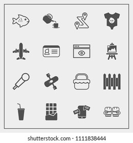 Modern, simple vector icon set with location, communication, seafood, barrier, chocolate, music, road, sweet, kayak, mic, picnic, tea, drink, food, cold, map, chat, boxing, dessert, sea, phone icons