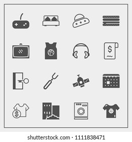 Modern, simple vector icon set with double, cost, calendar, dinner, house, technology, fork, spoon, laundry, orbit, game, bed, price, furniture, time, housework, escape, restaurant, real, sign icons