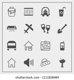 Modern, simple vector icon set with container, technology, fruit, concept, cell, service, ship, bellboy, phone, fresh, sos, music, luggage, baggage, hotel, telephone, audio, spaceship, mobile icons