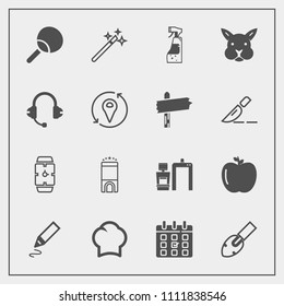 Modern, simple vector icon set with apple, housework, equipment, pen, time, leisure, xray, food, day, fruit, chief, healthy, machine, bunny, clock, cook, stationery, tennis, bottle, magic, ping icons