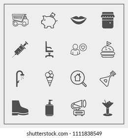 Modern, simple vector icon set with finance, truck, teeth, music, white, cocktail, vintage, drink, water, investment, coin, tipper, bank, hygiene, dump, musical, shower, string, lips, dumper icons