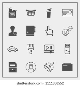 Modern, simple vector icon set with file, music, technology, drink, plug, player, kitchen, food, video, vehicle, store, transport, data, modern, folk, paintbrush, paper, market, male, internet icons