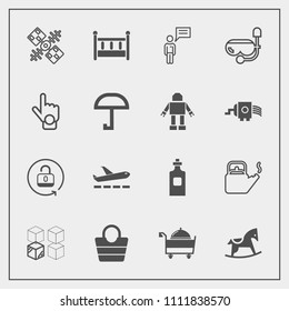 Modern, simple vector icon set with package, chat, security, house, toy, communication, hot, cardboard, object, mask, cute, bottle, baby, airport, open, food, lock, protection, child, restaurant icons