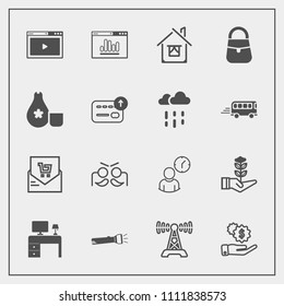 Modern, simple vector icon set with dollar, radio, bill, hour, music, life, tree, flashlight, online, website, table, bag, seedling, lamp, holiday, desk, party, fashion, carnival, analytics, web icons