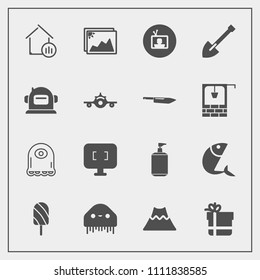 Modern, simple vector icon set with cartoon, real, landscape, image, ice, liquid, space, box, screen, lava, technology, crater, ufo, monster, frame, mountain, sea, tv, white, bow, estate, soap icons