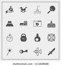 Modern, simple vector icon set with moon, marketing, airplane, customer, concept, wand, castle, target, knife, table, key, weight, money, travel, building, baby, food, toy, duck, sack, magic icons