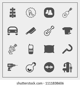 Modern, simple vector icon set with guitar, fitness, agriculture, vehicle, home, pillow, sound, car, tool, social, phone, harvesting, hand, group, elegance, sickle, fashion, laboratory, space icons