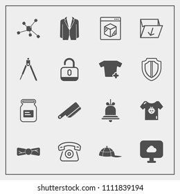 Modern, simple vector icon set with fork, hat, fashion, can, chemistry, elegance, clothing, online, table, telephone, home, suit, headwear, garbage, bell, tin, metal, alert, bow, waste, alarm icons