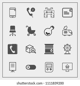 Modern, simple vector icon set with house, energy, mobile, meeting, dirt, estate, home, arrow, presentation, phone, deactivate, book, online, report, headset, businessman, touchscreen, quad, off icons