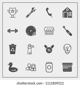 Modern, simple vector icon set with prize, tool, electric, waste, sign, staff, calendar, timetable, sea, reward, recycling, trash, ocean, schedule, water, animal, people, nature, hammer, wrench icons