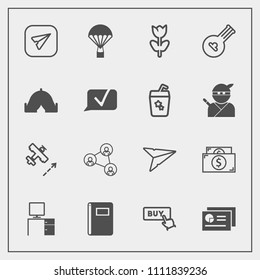 Modern, simple vector icon set with sky, music, document, musical, web, jump, folk, buy, currency, display, parachute, flower, notebook, desk, button, email, screen, report, technology, sign icons