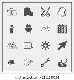 Modern, simple vector icon set with headset, sign, wrench, scene, caravan, trailer, cross, fitness, aid, technology, box, cursor, music, message, construction, helm, white, journey, guitar, bike icons