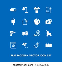 Modern, simple vector icon set on blue background with stroller, document, work, favorite, home, traditional, ice cream, child, drill, fence, apartment, , machine, equipment, money, lamp, human icons