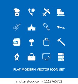 Modern, simple vector icon set on blue background with fashion, flame, flight, tool, spanner, airplane, bar, bonfire, display, fireplace, screen, jam, glass, hammer, business, call, support, jar icons