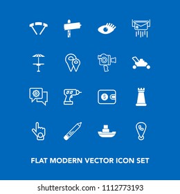 Modern, simple vector icon set on blue background with pencil, hand, finance, stationery, location, gesture, office, jump, pen, extreme, map, communication, money, wallet, chat, direction, phone icons