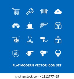 Modern, simple vector icon set on blue background with cart, property, job, travel, heater, shop, protect, protection, care, dryer, stamp, transportation, hairdryer, referee, construction, tent icons