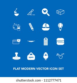 Modern, simple vector icon set on blue background with female, food, open, soup, kitchen, money, grater, jazz, trumpet, fashion, accessory, doctor, cash, dinner, clothes, sign, easter, shop icons