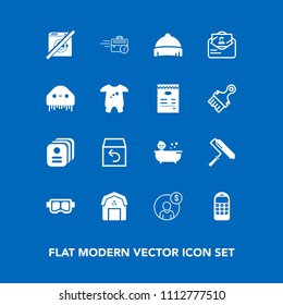 Modern, simple vector icon set on blue background with financial, account, business, computer, brush, accounting, bath, shipping, order, old, phone, child, roll, finance, wood, mask, kid, barn icons