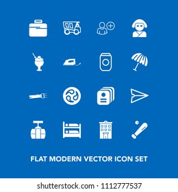 Modern, simple vector icon set on blue background with email, estate, hotel, car, flashlight, ball, kamon, japan, truck, web, user, cable, building, bag, real, house, train, hostel, league, add icons