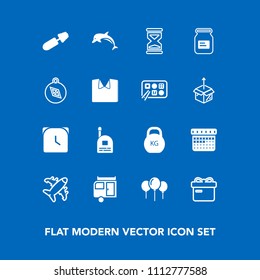 Modern, simple vector icon set on blue background with nature, clock, celebration, animal, journey, dolphin, child, sand, aircraft, boy, ribbon, present, heavy, travel, birthday, gift, hour, box icons