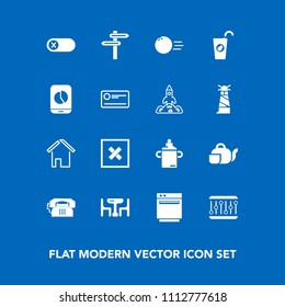 Modern, simple vector icon set on blue background with estate, healthy, family, energy, direction, house, phone, off, concept, beverage, home, chart, gas, turn, milk, switch, fresh, pin, ball icons
