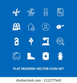 Modern, simple vector icon set on blue background with poker, search, water, personal, eiffel, fashion, id, motel, play, baggage, find, airport, business, fire, bag, concept, sew, france, chair icons