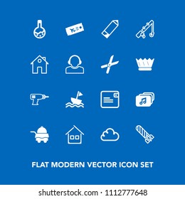 Modern, simple vector icon set on blue background with cloud, estate, travel, explosion, plane, service, rod, reel, sailboat, nautical, room, fishing, yacht, building, hotel, drill, technology icons