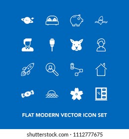 Modern, simple vector icon set on blue background with finance, landscape, double, furniture, sakura, interior, sun, map, online, saturn, navigation, internet, food, blossom, money, architecture icons