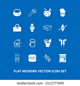Modern, simple vector icon set on blue background with burger, background, object, backpack, estate, hipster, audio, bag, sandwich, comfortable, curtain, home, beer, dna, music, school, window icons