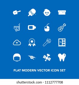 Modern, simple vector icon set on blue background with worker, food, place, first, add, satellite, home, childhood, cream, helmet, cute, furniture, child, baby, cloud, war, internet, healthy icons