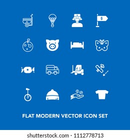 Modern, simple vector icon set on blue background with hand, delivery, move, sweet, nurse, cargo, jump, circus, extreme, car, flight, truck, headwear, fashion, snorkel, travel, plane, clothes icons