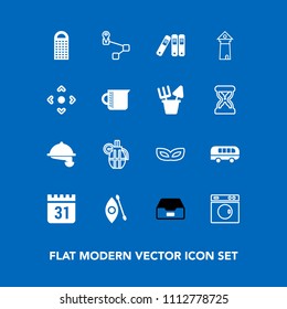 Modern, simple vector icon set on blue background with carnival, activity, timetable, masquerade, file, time, machine, mask, weapon, point, data, waitress, service, river, water, military, map icons