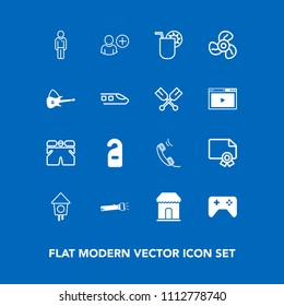 Modern, simple vector icon set on blue background with wooden, achievement, summer, music, white, play, frame, award, ventilator, juice, add, joystick, hotel, user, privacy, guitar, bird, sale icons