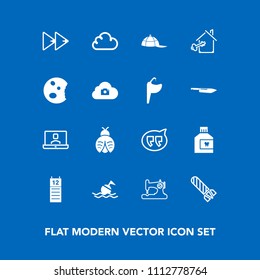 Modern, simple vector icon set on blue background with call, communication, sewing, audio, care, life, speech, bubble, power, message, cap, rewind, mouth, technology, danger, fire, dental, bomb icons